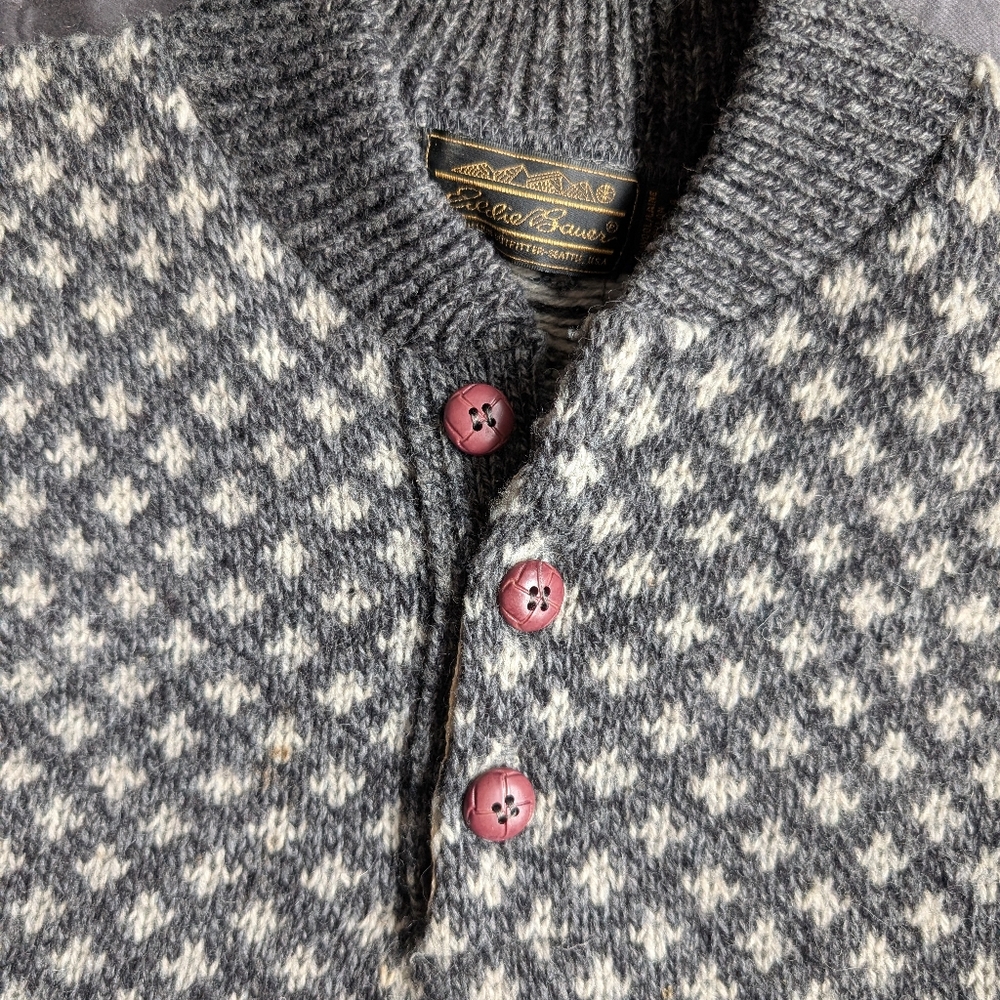 📼🐑Vintage Eddie Bauer Birds Eye Knit  Crewneck Henley Sweater - Medium - Picture 2 of 12